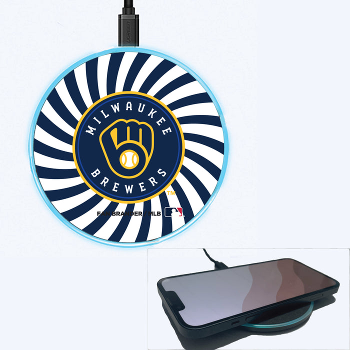 Fan Brander Grey 15W Wireless Charger with Milwaukee Brewers Primary Logo With Team Groovey Burst