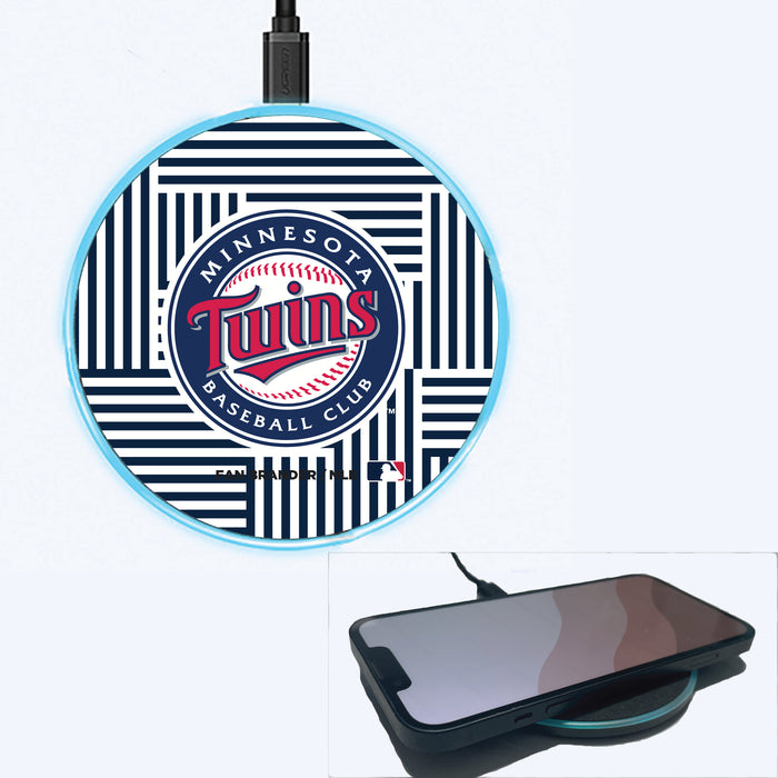 Fan Brander Grey 15W Wireless Charger with Minnesota Twins Primary Logo on Geometric Lines Background