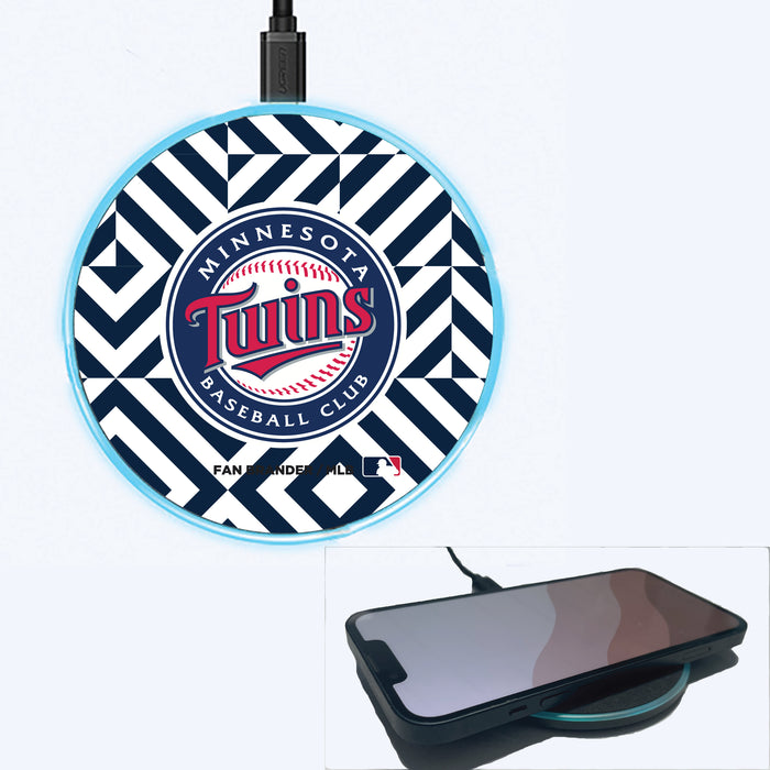 Fan Brander Grey 15W Wireless Charger with Minnesota Twins Primary Logo on Geometric Diamonds Background