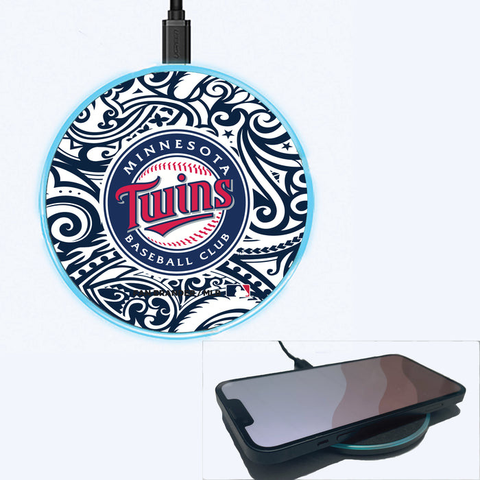 Fan Brander Grey 15W Wireless Charger with Minnesota Twins Primary Logo With Team Color Tribal Background