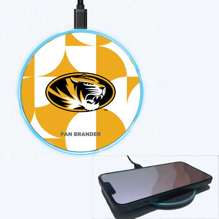 Fan Brander Grey 15W Wireless Charger with Missouri Tigers Primary Logo on Geometric Circle Background