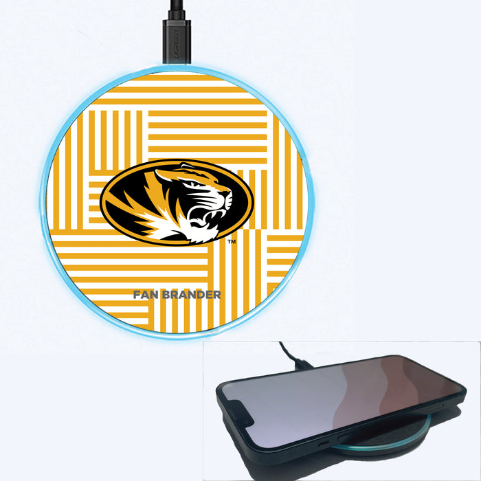 Fan Brander Grey 15W Wireless Charger with Missouri Tigers Primary Logo on Geometric Lines Background