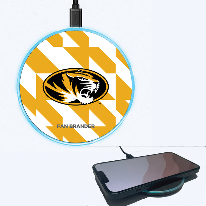 Fan Brander Grey 15W Wireless Charger with Missouri Tigers Primary Logo on Geometric Quad Background