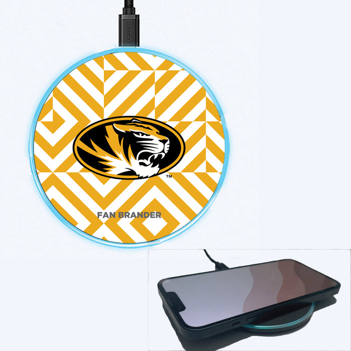 Fan Brander Grey 15W Wireless Charger with Missouri Tigers Primary Logo on Geometric Diamonds Background