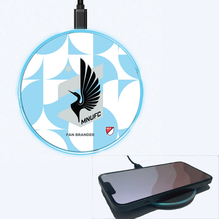 Fan Brander Grey 15W Wireless Charger with Minnesota United FC Primary Logo on Geometric Circle Background