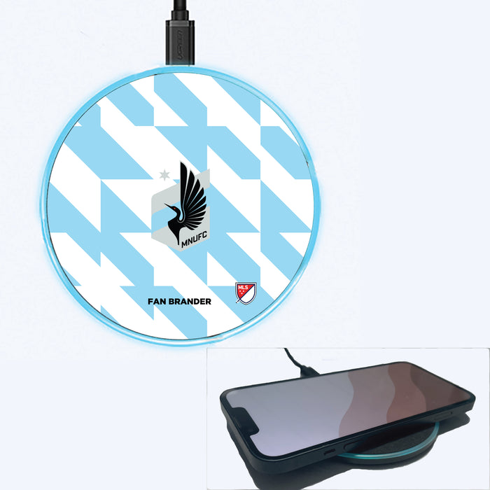 Fan Brander Grey 15W Wireless Charger with Minnesota United FC Primary Logo on Geometric Quad Background