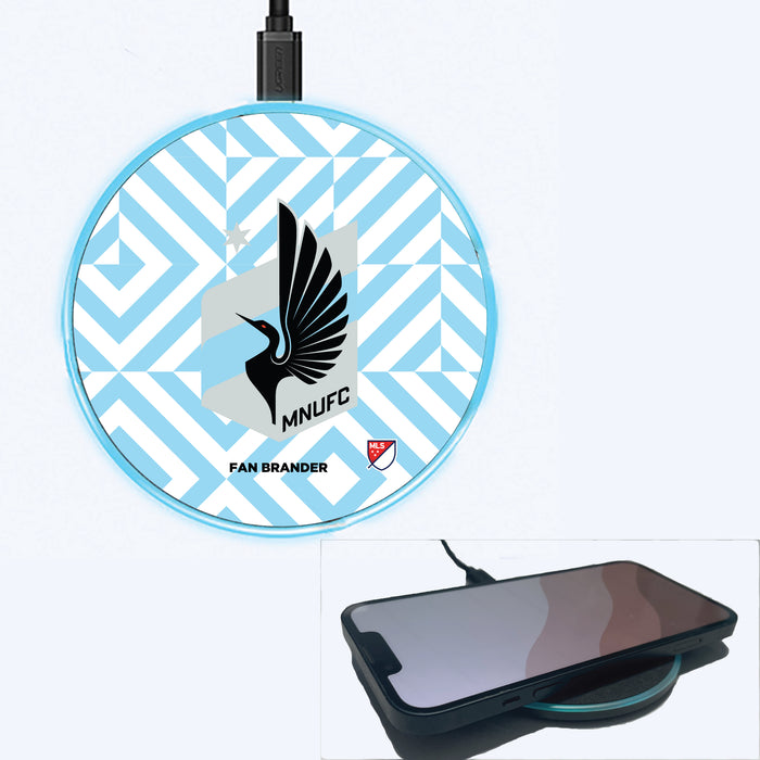 Fan Brander Grey 15W Wireless Charger with Minnesota United FC Primary Logo on Geometric Diamonds Background