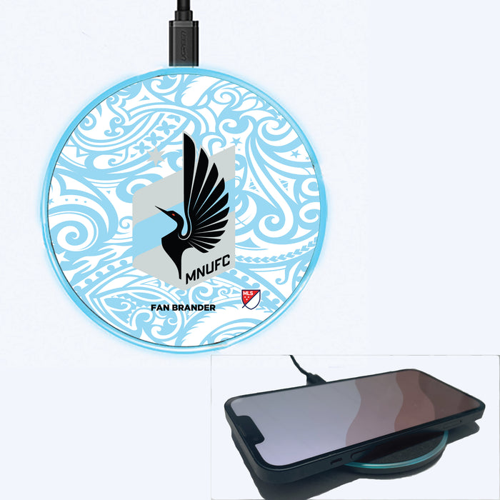 Fan Brander Grey 15W Wireless Charger with Minnesota United FC Primary Logo With Team Color Tribal Background