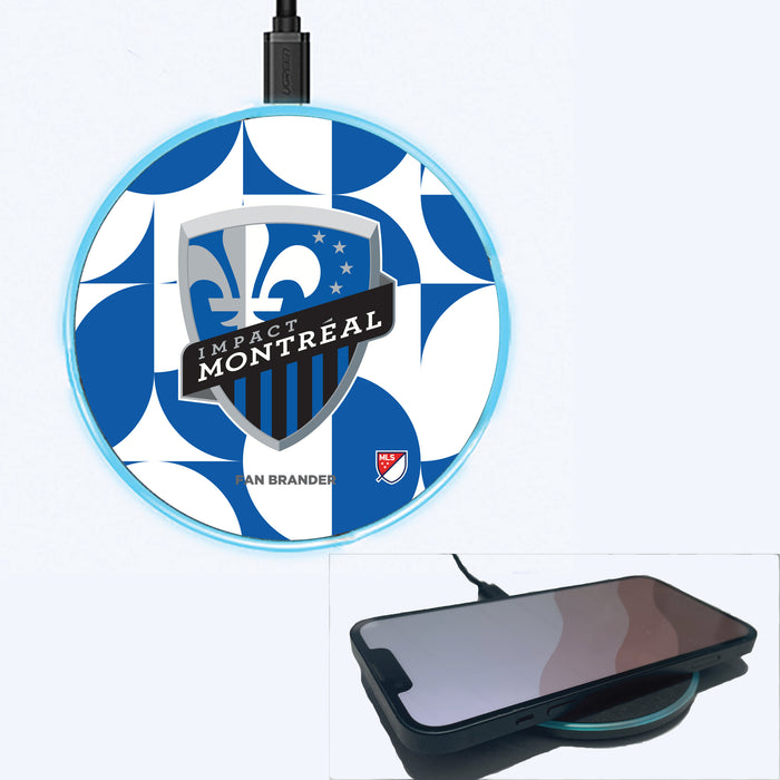 Fan Brander Grey 15W Wireless Charger with Montreal Impact Primary Logo on Geometric Circle Background