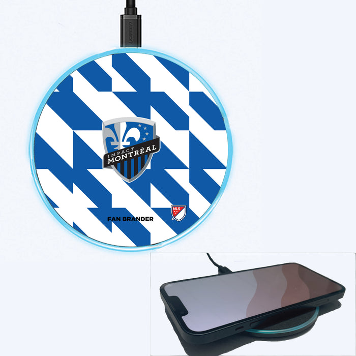 Fan Brander Grey 15W Wireless Charger with Montreal Impact Primary Logo on Geometric Quad Background