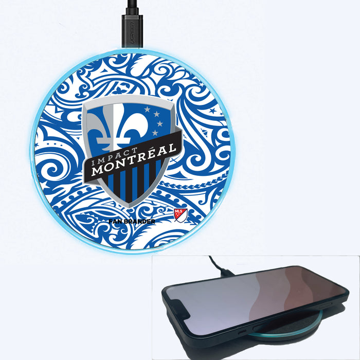 Fan Brander Grey 15W Wireless Charger with Montreal Impact Primary Logo With Team Color Tribal Background