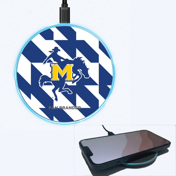 Fan Brander Grey 15W Wireless Charger with McNeese State Cowboys Primary Logo on Geometric Quad Background