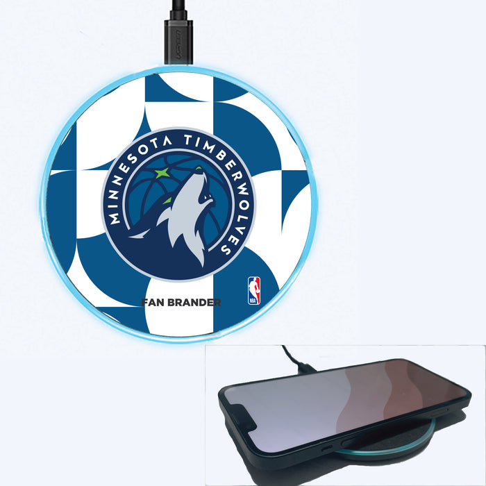 Fan Brander Grey 15W Wireless Charger with Minnesota Timberwolves Primary Logo on Geometric Circle Background