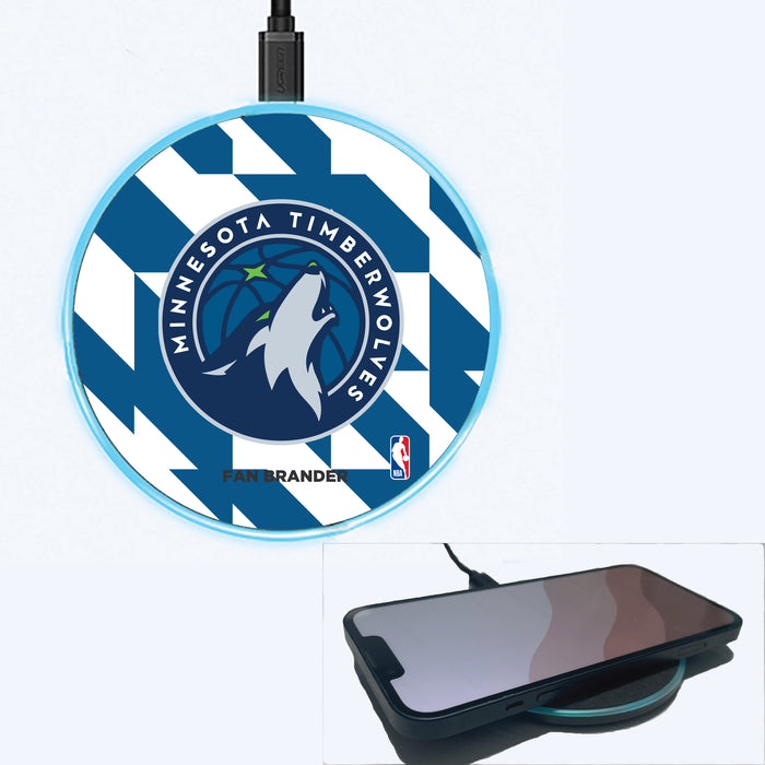 Fan Brander Grey 15W Wireless Charger with Minnesota Timberwolves Primary Logo on Geometric Quad Background