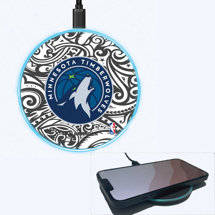 Fan Brander Grey 15W Wireless Charger with Minnesota Timberwolves Primary Logo With Black Tribal