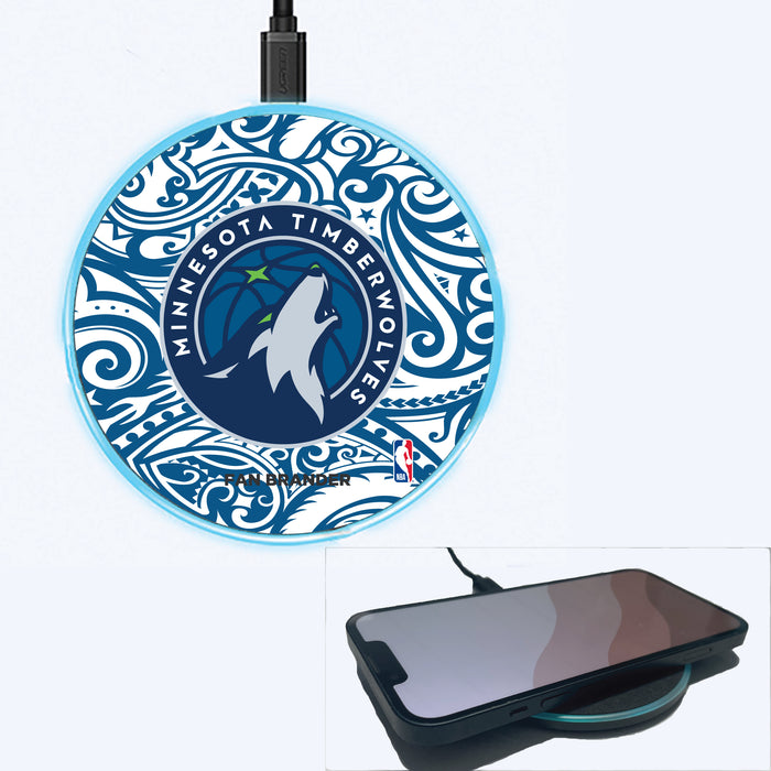 Fan Brander Grey 15W Wireless Charger with Minnesota Timberwolves Primary Logo With Team Color Tribal Background