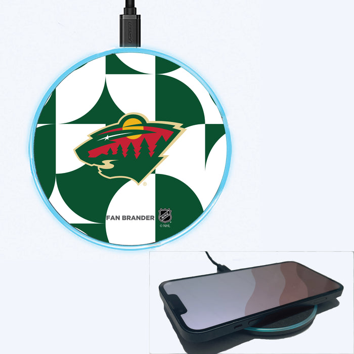 Fan Brander Grey 15W Wireless Charger with Minnesota Wild Primary Logo on Geometric Circle Background