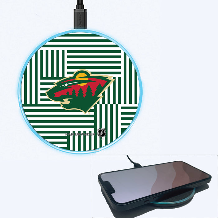 Fan Brander Grey 15W Wireless Charger with Minnesota Wild Primary Logo on Geometric Lines Background
