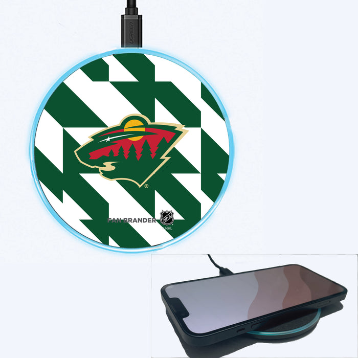 Fan Brander Grey 15W Wireless Charger with Minnesota Wild Primary Logo on Geometric Quad Background