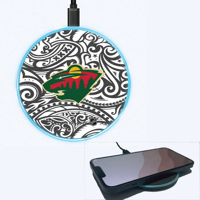 Fan Brander Grey 15W Wireless Charger with Minnesota Wild Primary Logo With Black Tribal