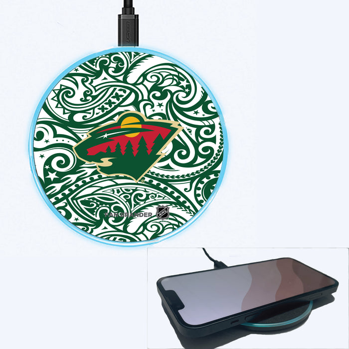 Fan Brander Grey 15W Wireless Charger with Minnesota Wild Primary Logo With Team Color Tribal Background
