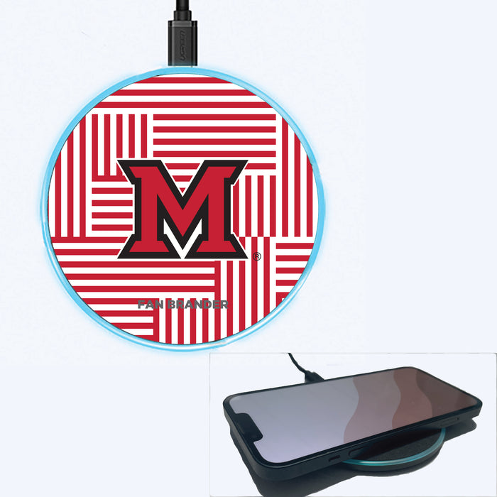 Fan Brander Grey 15W Wireless Charger with Miami University RedHawks Primary Logo on Geometric Lines Background