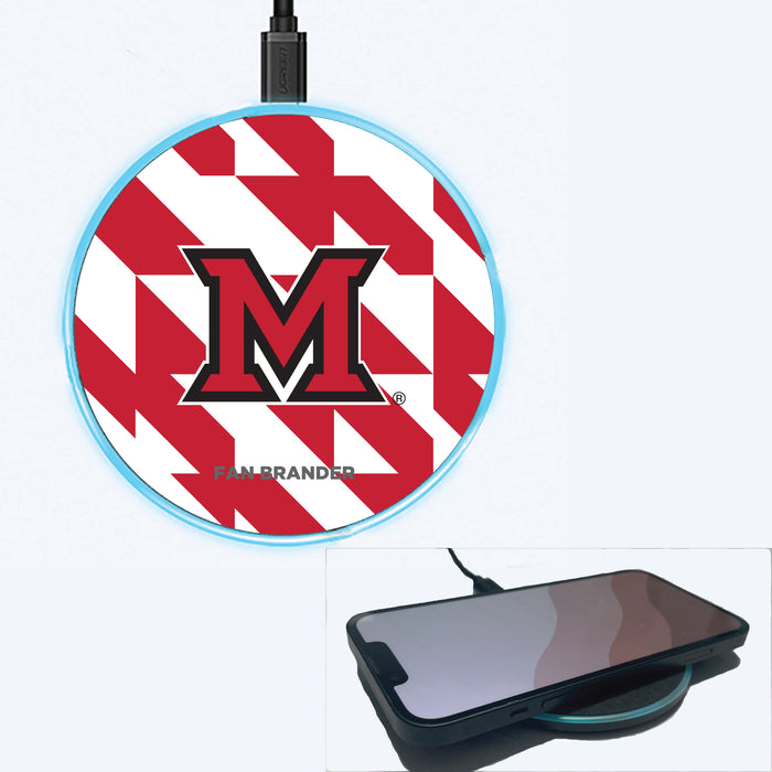 Fan Brander Grey 15W Wireless Charger with Miami University RedHawks Primary Logo on Geometric Quad Background