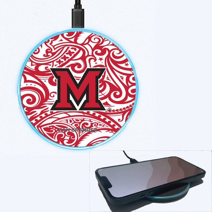Fan Brander Grey 15W Wireless Charger with Miami University RedHawks Primary Logo With Team Color Tribal Background