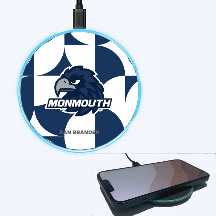 Fan Brander Grey 15W Wireless Charger with Monmouth Hawks Primary Logo on Geometric Circle Background