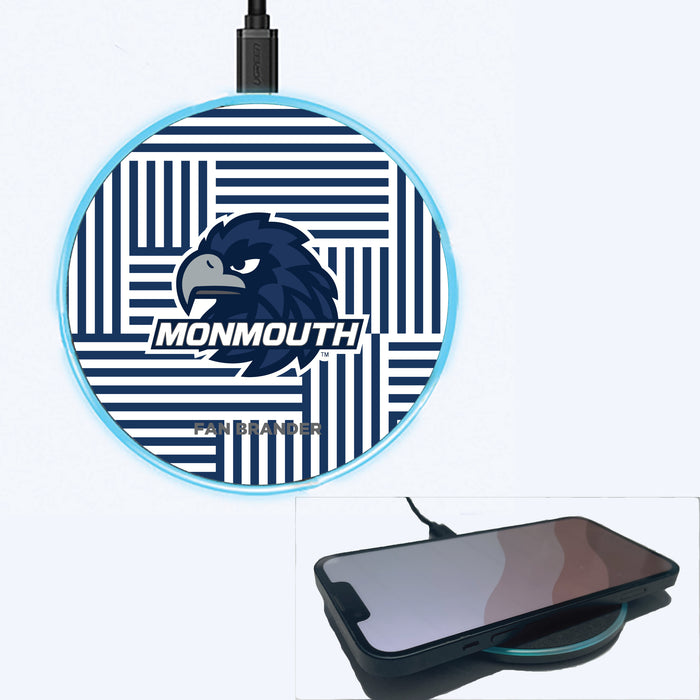 Fan Brander Grey 15W Wireless Charger with Monmouth Hawks Primary Logo on Geometric Lines Background