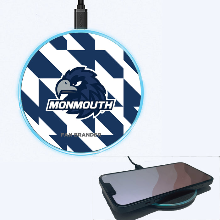 Fan Brander Grey 15W Wireless Charger with Monmouth Hawks Primary Logo on Geometric Quad Background