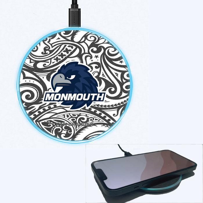 Fan Brander Grey 15W Wireless Charger with Monmouth Hawks Primary Logo With Black Tribal