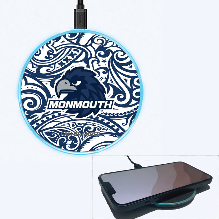 Fan Brander Grey 15W Wireless Charger with Monmouth Hawks Primary Logo With Team Color Tribal Background