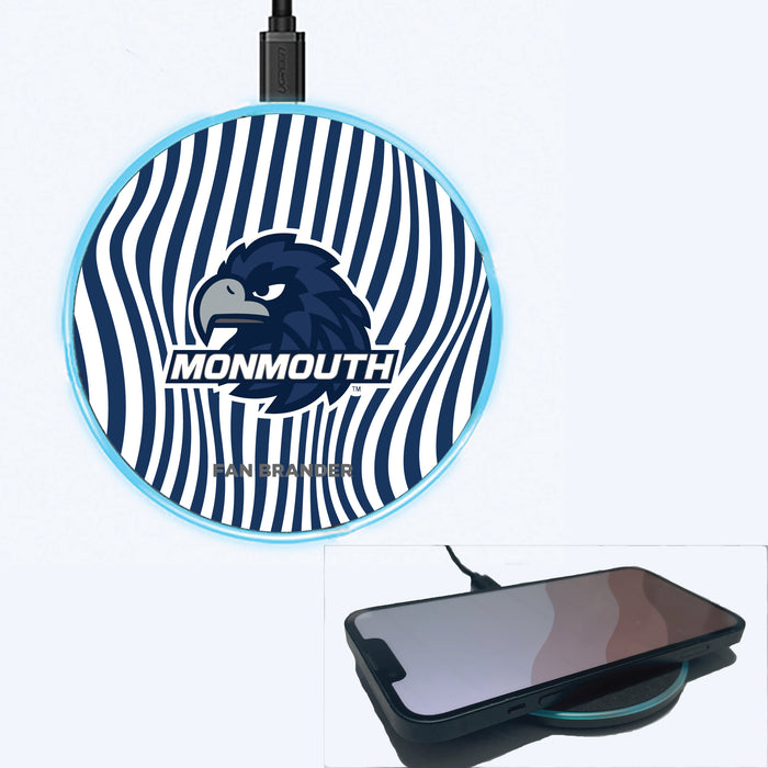 Fan Brander Grey 15W Wireless Charger with Monmouth Hawks Primary Logo With Team Groovey Lines