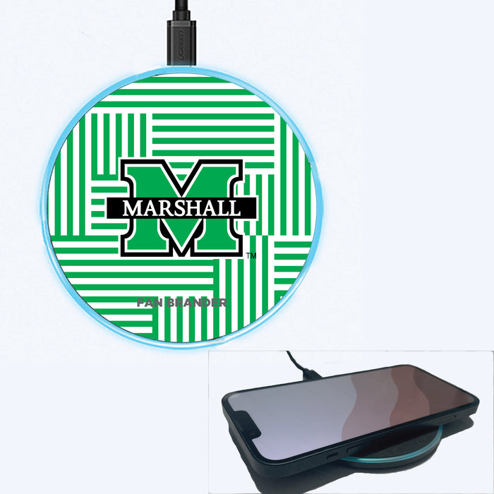 Fan Brander Grey 15W Wireless Charger with Marshall Thundering Herd Primary Logo on Geometric Lines Background