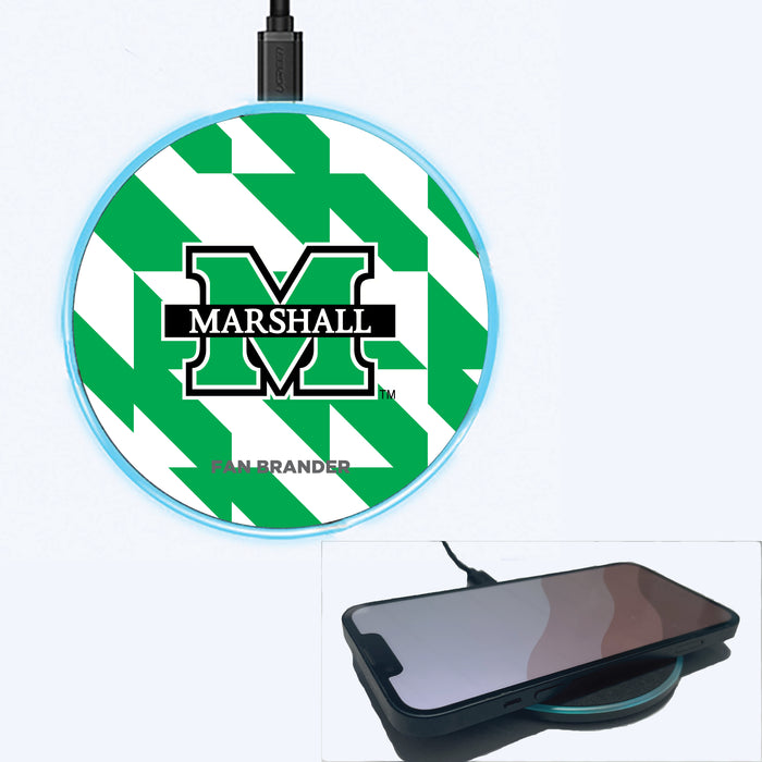 Fan Brander Grey 15W Wireless Charger with Marshall Thundering Herd Primary Logo on Geometric Quad Background