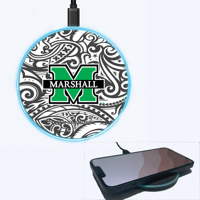 Fan Brander Grey 15W Wireless Charger with Marshall Thundering Herd Primary Logo With Black Tribal