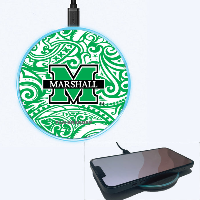 Fan Brander Grey 15W Wireless Charger with Marshall Thundering Herd Primary Logo With Team Color Tribal Background