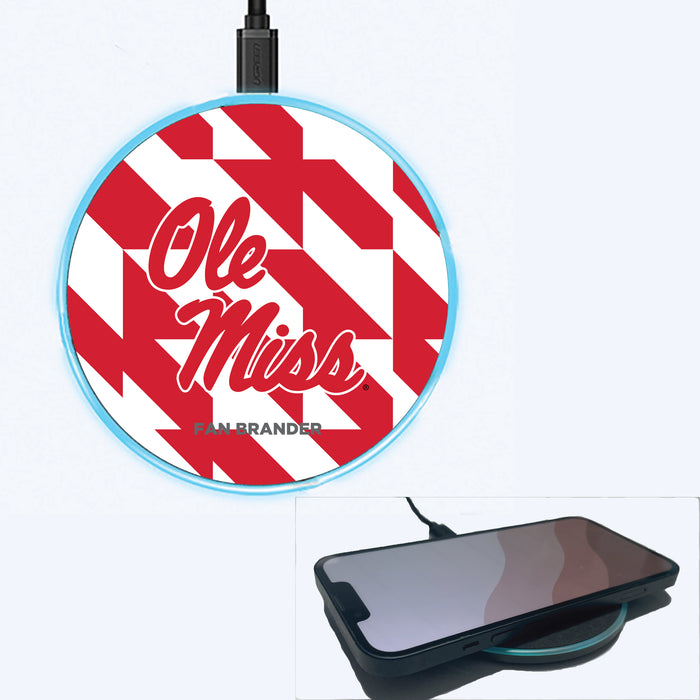 Fan Brander Grey 15W Wireless Charger with Mississippi Ole Miss Primary Logo on Geometric Quad Background
