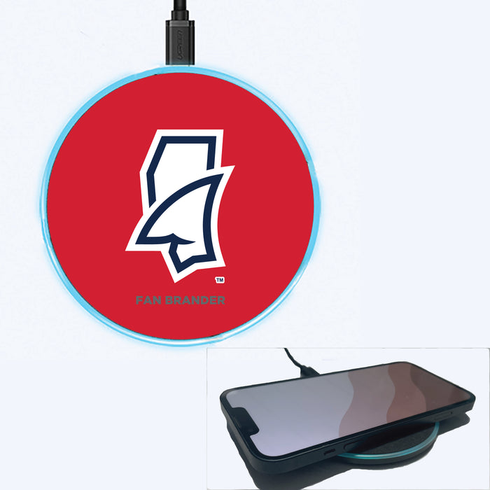 Fan Brander Grey 15W Wireless Charger with Mississippi Ole Miss Mississippi Land Shark With Team Background