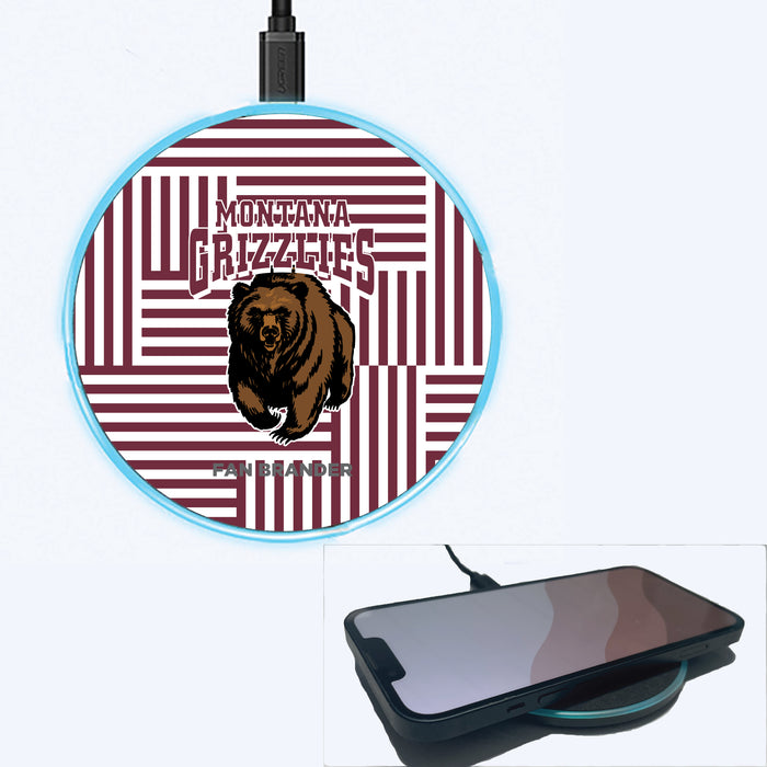 Fan Brander Grey 15W Wireless Charger with Montana Grizzlies Primary Logo on Geometric Lines Background