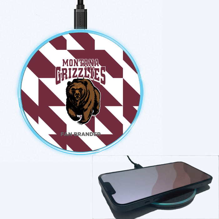 Fan Brander Grey 15W Wireless Charger with Montana Grizzlies Primary Logo on Geometric Quad Background