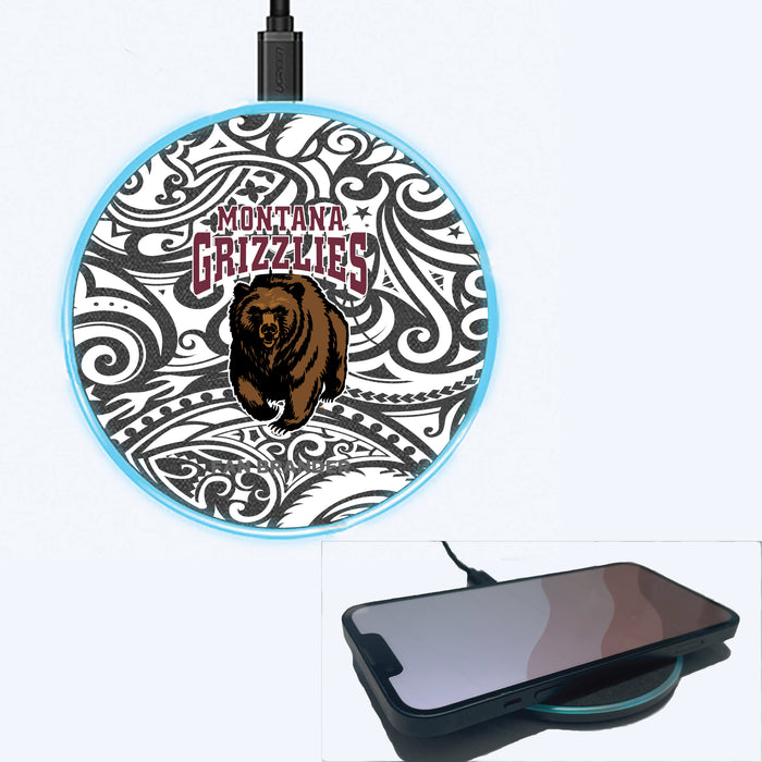 Fan Brander Grey 15W Wireless Charger with Montana Grizzlies Primary Logo With Black Tribal