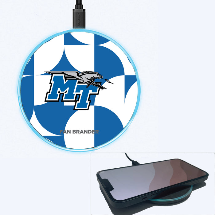 Fan Brander Grey 15W Wireless Charger with Middle Tennessee State Blue Raiders Primary Logo on Geometric Circle Background