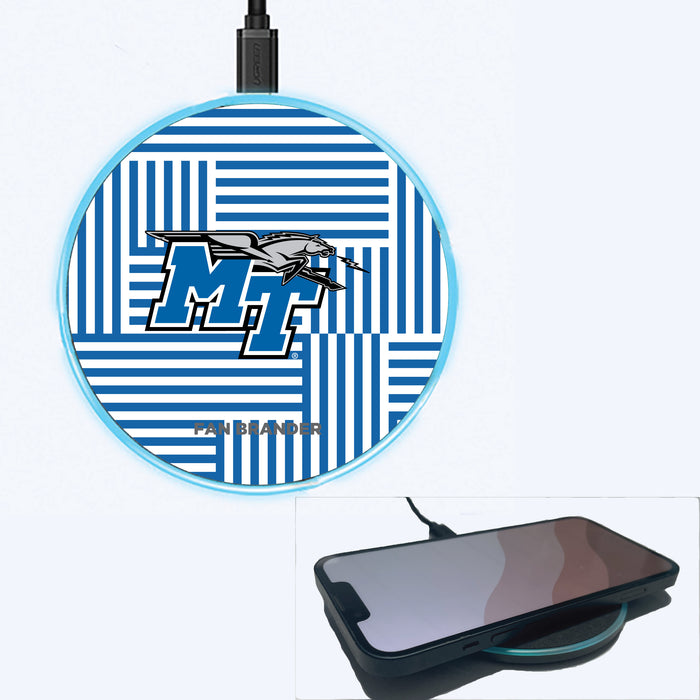 Fan Brander Grey 15W Wireless Charger with Middle Tennessee State Blue Raiders Primary Logo on Geometric Lines Background