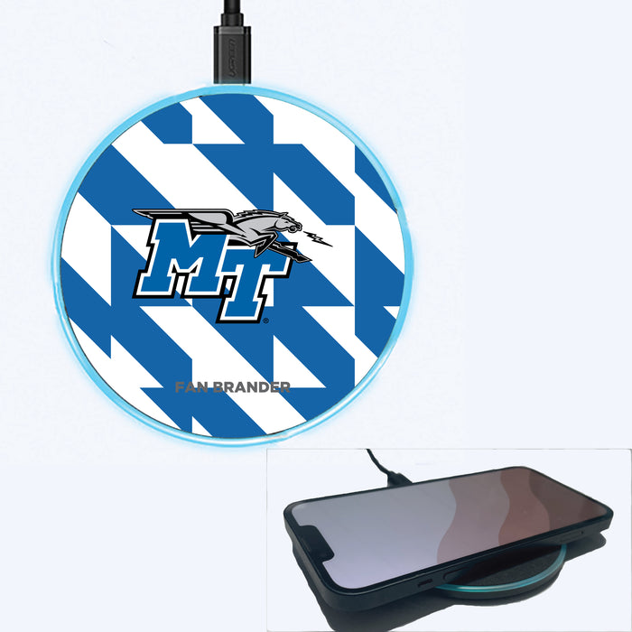 Fan Brander Grey 15W Wireless Charger with Middle Tennessee State Blue Raiders Primary Logo on Geometric Quad Background