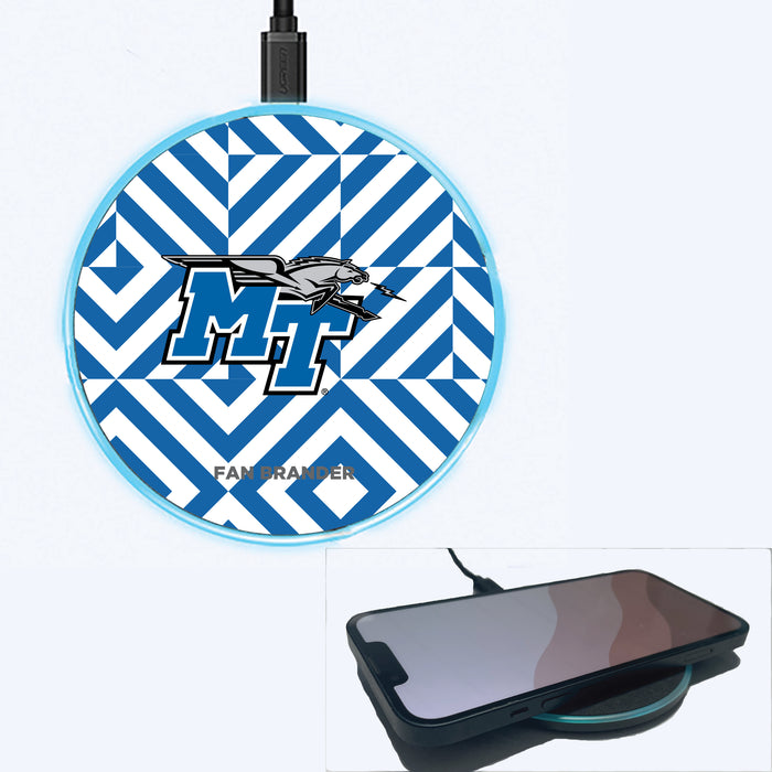Fan Brander Grey 15W Wireless Charger with Middle Tennessee State Blue Raiders Primary Logo on Geometric Diamonds Background