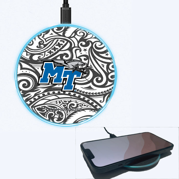 Fan Brander Grey 15W Wireless Charger with Middle Tennessee State Blue Raiders Primary Logo With Black Tribal