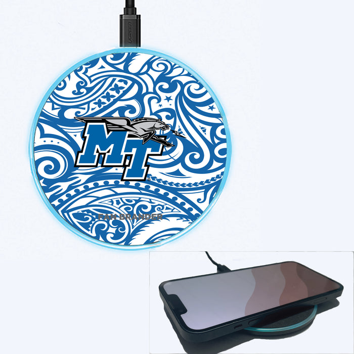 Fan Brander Grey 15W Wireless Charger with Middle Tennessee State Blue Raiders Primary Logo With Team Color Tribal Background