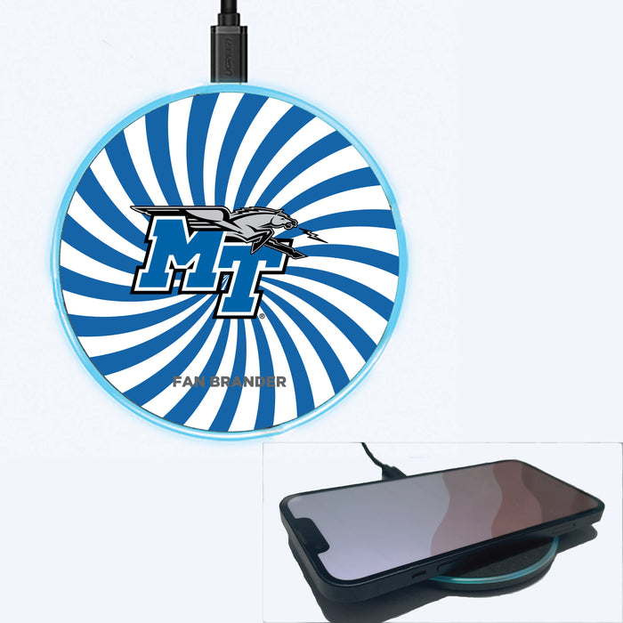Fan Brander Grey 15W Wireless Charger with Middle Tennessee State Blue Raiders Primary Logo With Team Groovey Burst